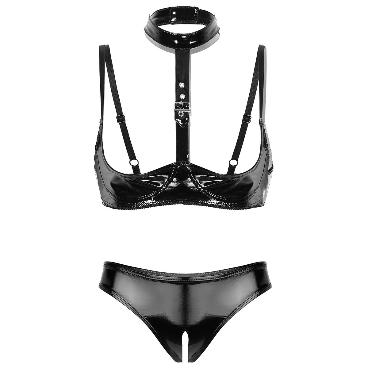 Bralette Triangle Set - สตรีสิทธิบัตรหนังชุดชั้นในชุดสีดํา BUCKLE Halter Wetlook Latex ฟรีเปิดถ้วย