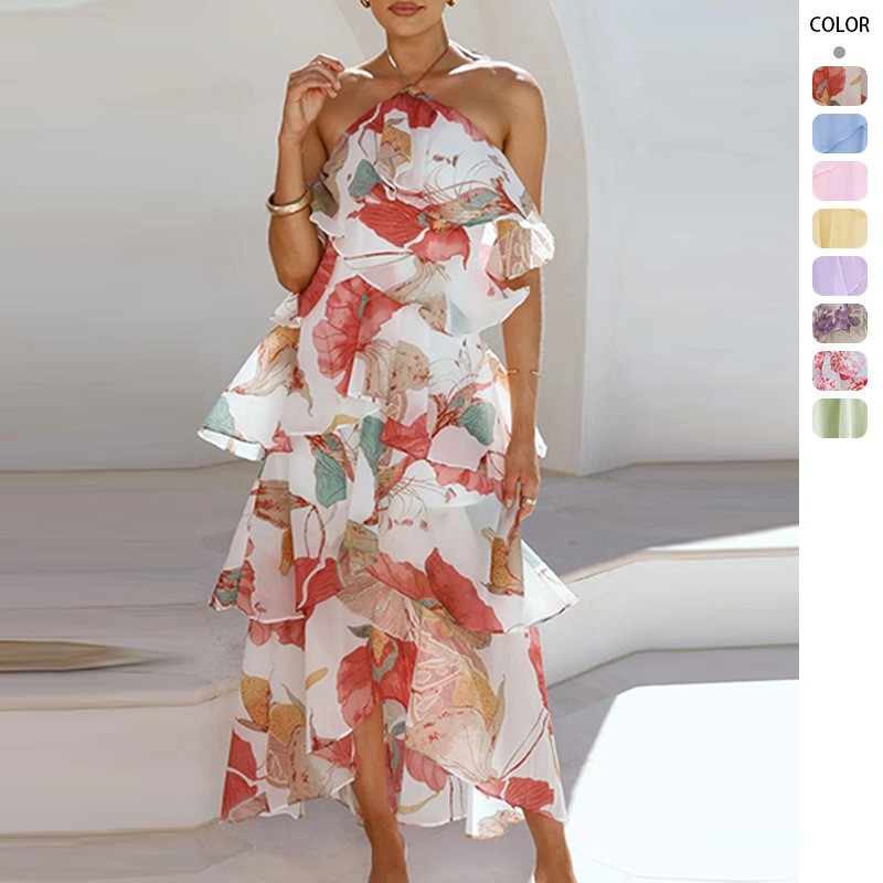 Maxi Dress Halter - ชุดเดรสแม็กซี่สำหรับงานปาร์ตี้สุดหรู ผ้าชีฟอง เปิดไหล่ สายคล้องคอ แขนกุด ชุดราตรี