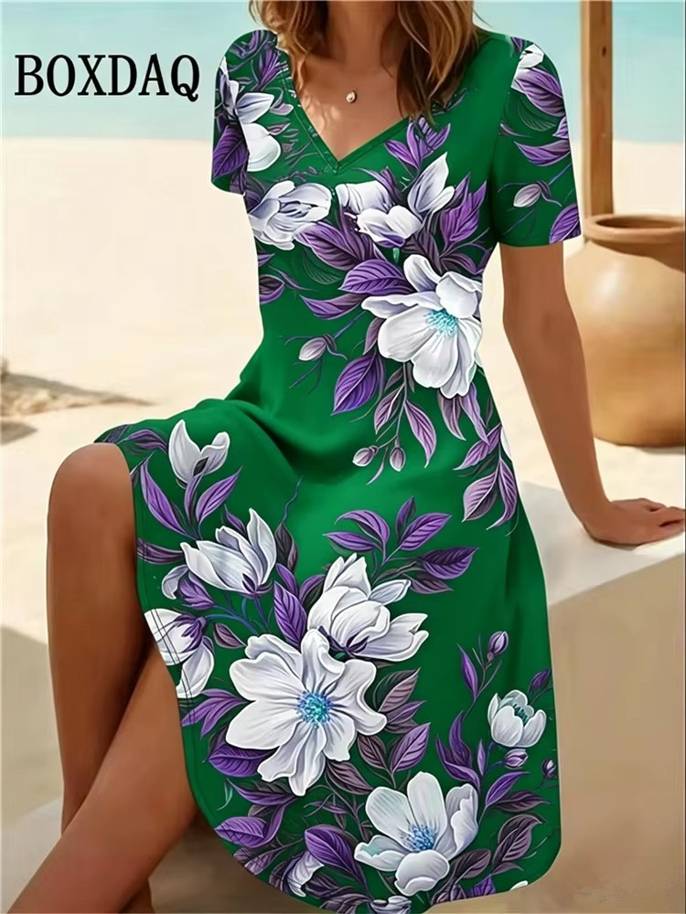 Romper Floral Print - 6XL พลัสไซส์ชุดเดรสผู้หญิงฤดูร้อนชายหาดลำลองเอ-ไลน์เดรสวินเทจโบโฮลายดอกไม้พิมพ์แขนสั้นคอวีหลวมเดรส เวสติโดส