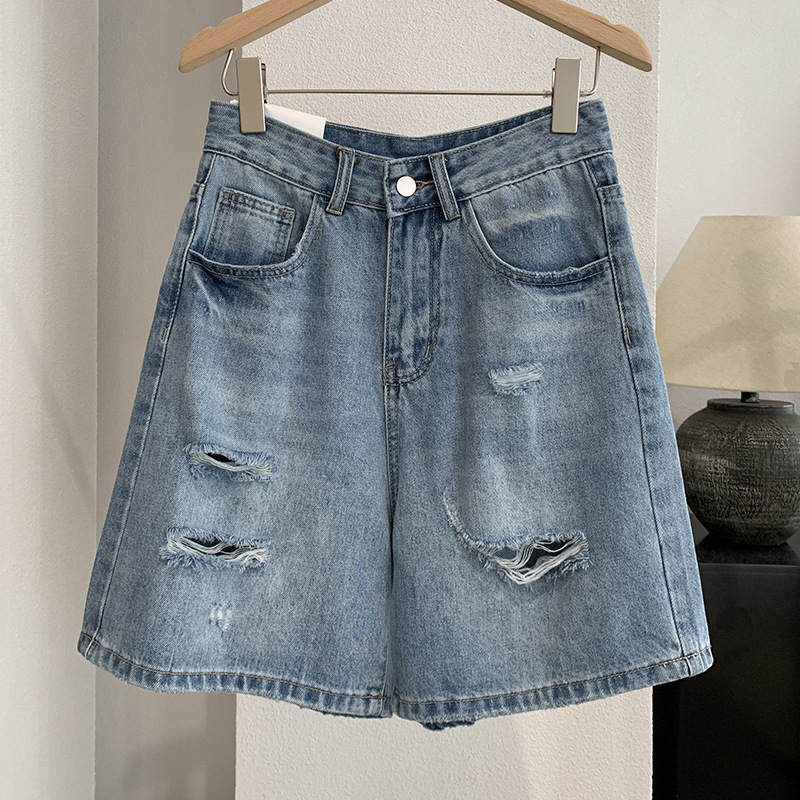 Shorts Denim Frayed - กางเกงยีนส์ขาสั้นผู้หญิง ทรงตรง สไตล์วินเทจ เอวสูง หลวมๆ สตรีทแวร์