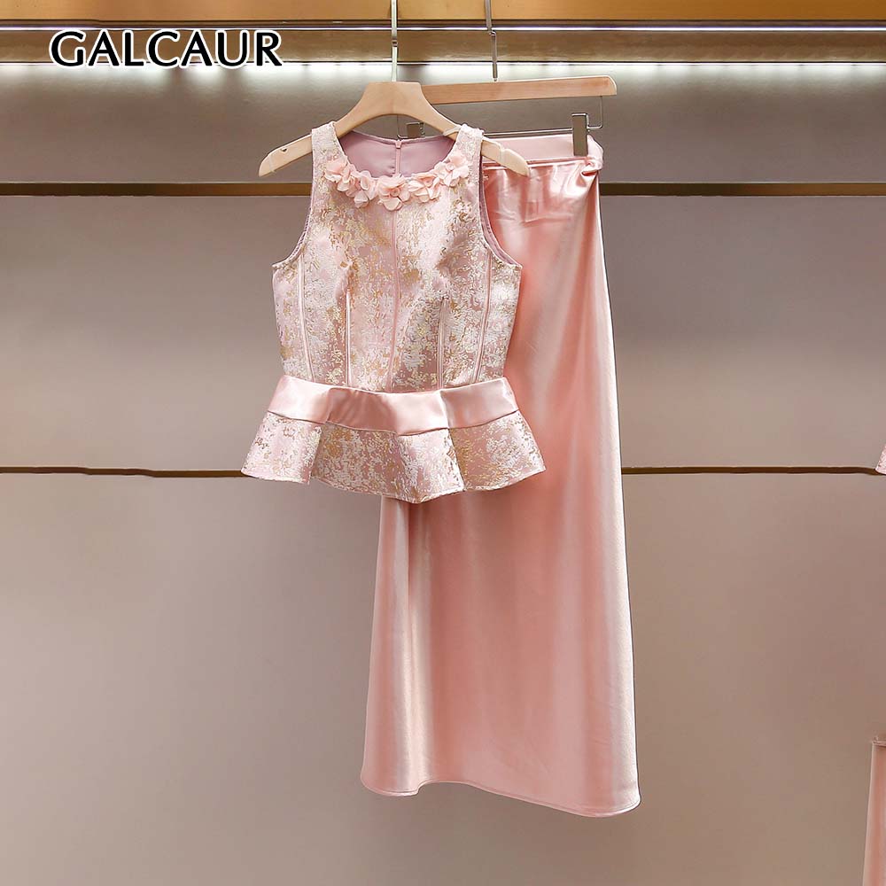 Midi Skirt Floral - GALCAUR ชุดเซ็ตสองชิ้นลายดอกไม้แบบต่อผ้าสำหรับผู้หญิง เสื้อแขนกุดคอกลม กระโปรงมิดิเอวสูง ชุดลำลองสำหรับผู้หญิง