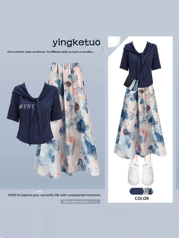 ชุดเซ็ตแฟชั่นฤดูร้อน เสื้อยืดแ - Midi Skirt Floral บทวิจารณ์และราคา