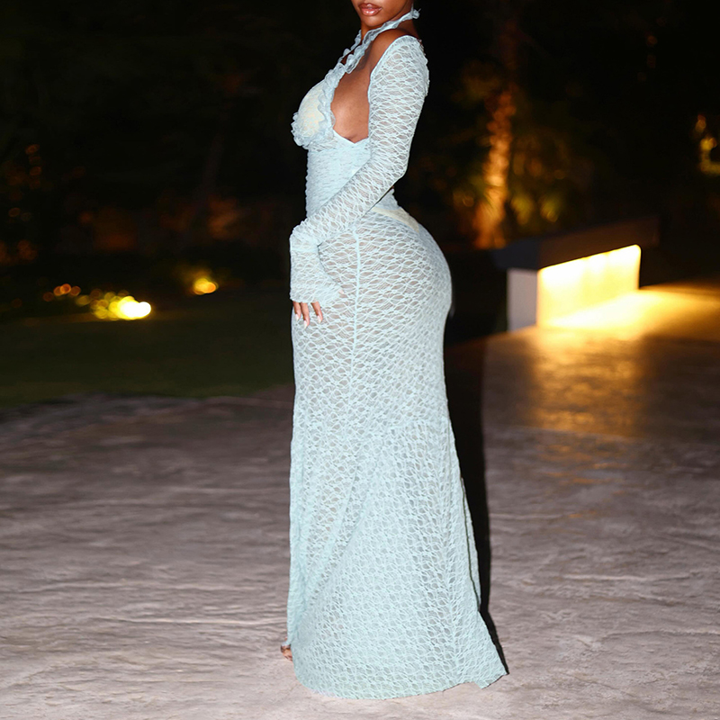 ชุดเดรสยาวแขนยาวผ้าตาข่ายโปร่ง - Maxi Dress Halter บทวิจารณ์และราคา